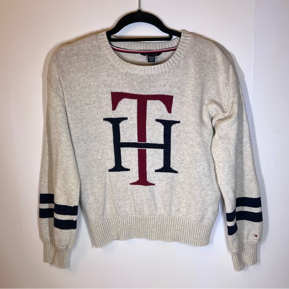 Tommy Hilfiger Girls Oak Heather TH Logo Sweater - Size Girls Large - Crewneck - Picture 2 of 8